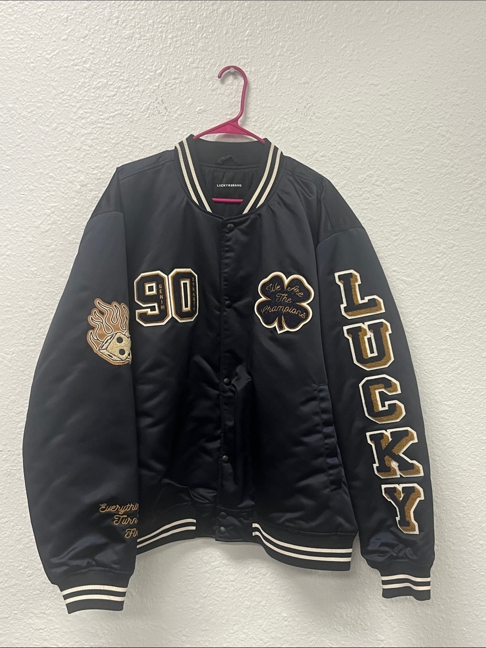 Lucky Brand Black Satin Varsity Jacket with Gold and Cream Appliqués #1156